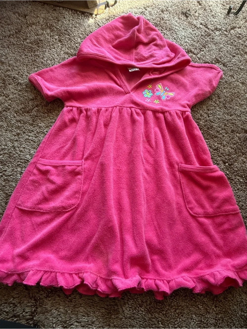 The Children's Place Bright Pink Hooded Terry Swim Coverup Dress with Butterfly